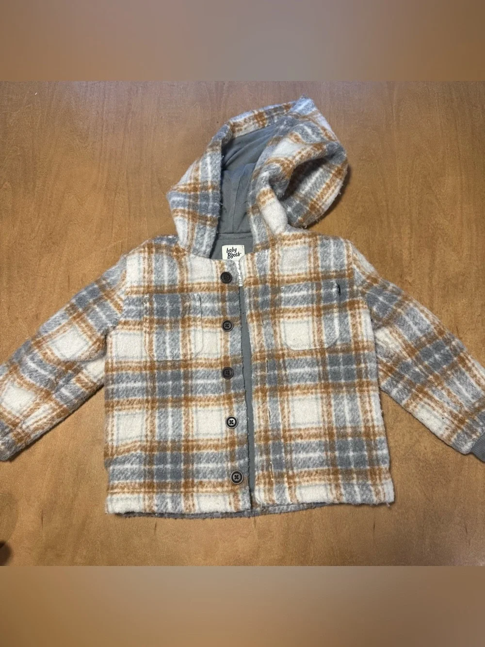 Baby B'gosh Hooded Plaid Puffer Jacket in Gray & Brown